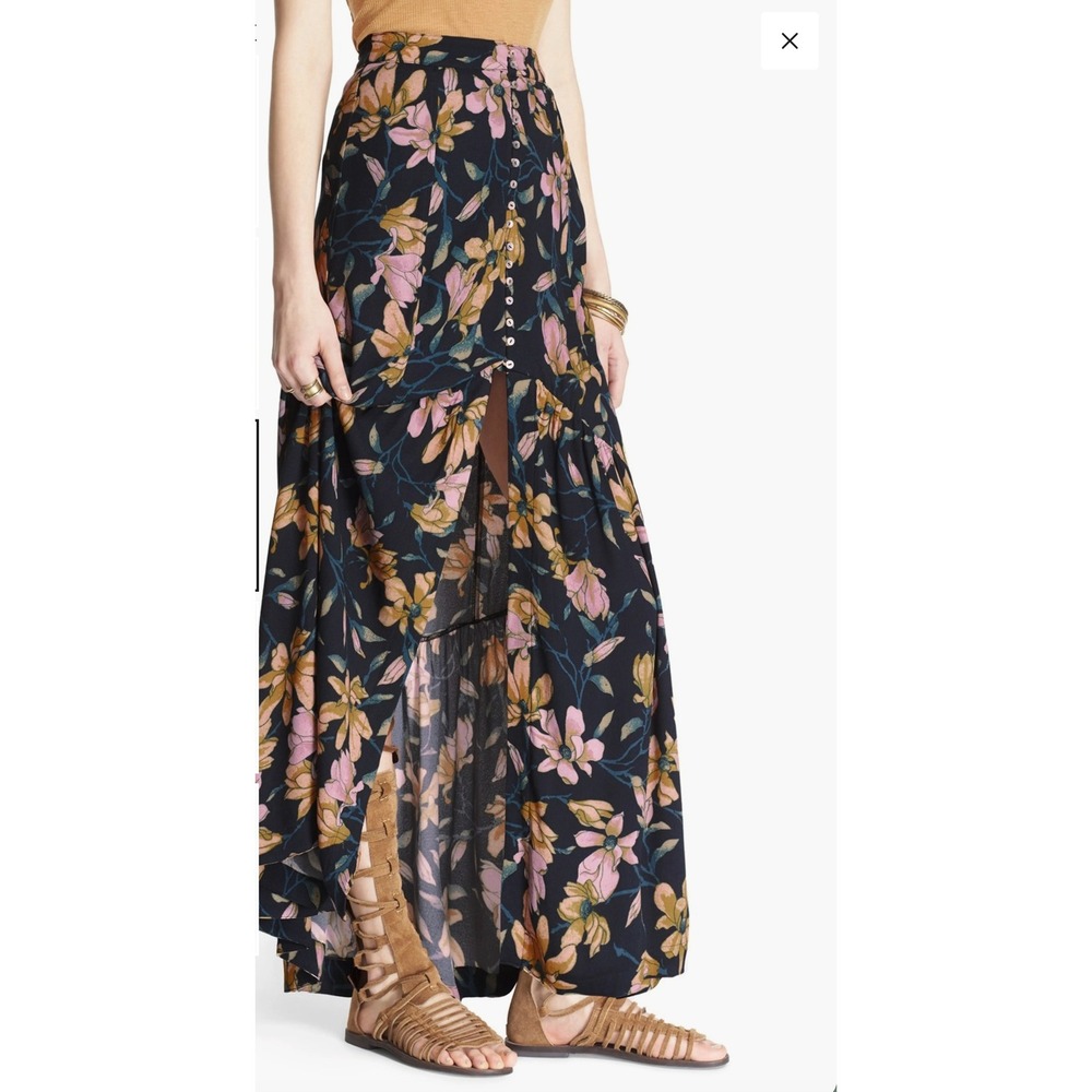 Free People Smooth Sailing Maxi Skirt Womens 4 Black Floral Boho Button Front